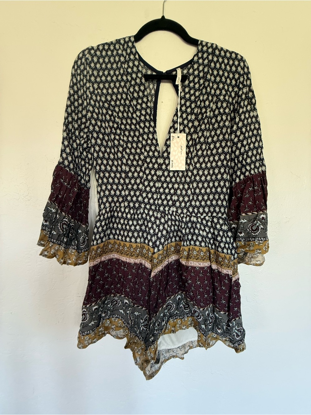 Boho Print Peplum Tunic Romper - Black, Burgundy & Mustard NWT